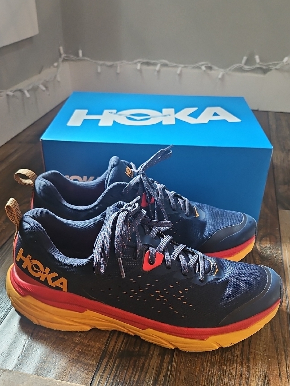 Hoka OneOne‎ Challenger ATR6 Trail Men’s Navy Blue Running Shoes Yellow and Red